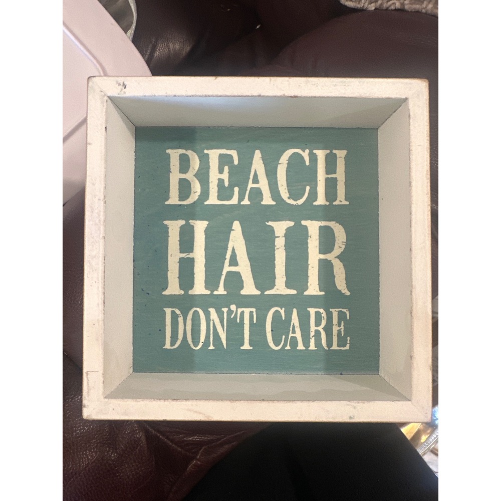 Beach Hair Don't Care Framed Wood Sign - White & Teal